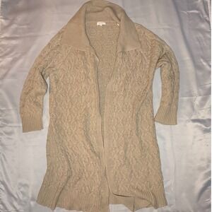 Böhme Women Tan Beige Cable Knit Open Front Shawl Collar Cardigan Sweater L